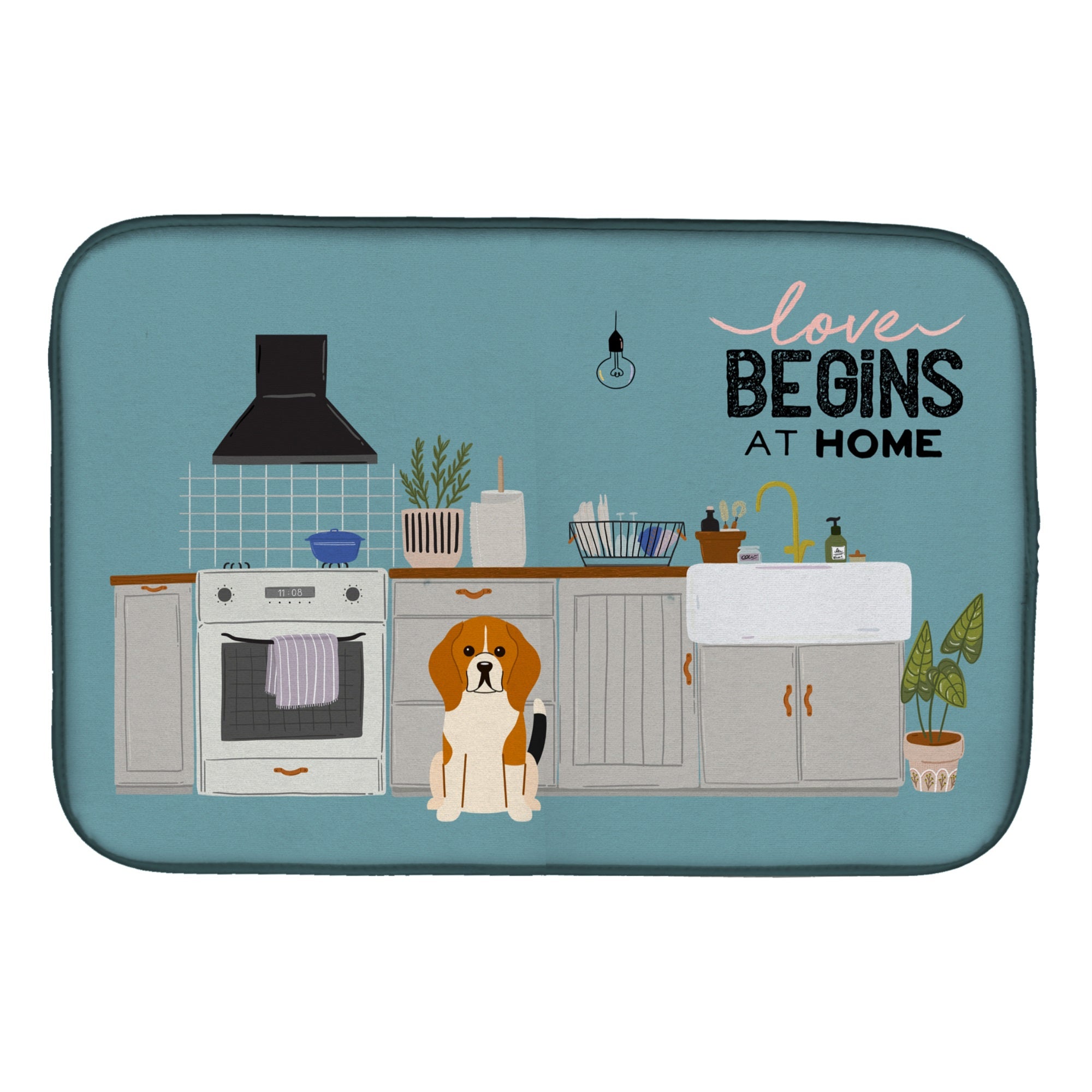 Tricolor Beagle Kitchen Scene Dish Drying Mat
